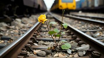 un soltero amarillo Rosa es creciente en el lado de un tren pista generativo ai foto