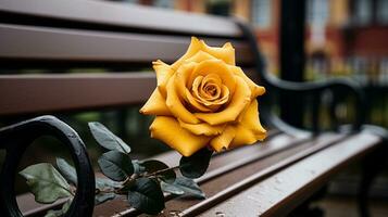 un soltero amarillo Rosa en un de madera banco generativo ai foto