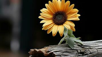 a single yellow sunflower growing out of a piece of wood generative ai photo