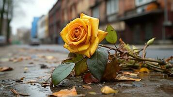 un soltero amarillo Rosa se sienta en el suelo en frente de un edificio generativo ai foto