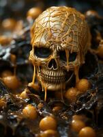 a skull covered in caramel is sitting on top of a cake generative ai photo