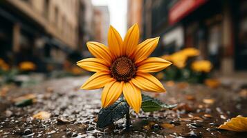 a single yellow sunflower is standing in the middle of a wet street generative ai photo