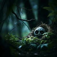 a skull is sitting in a nest in the woods generative ai photo