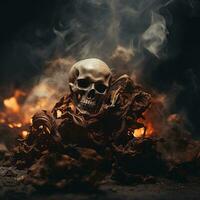 a skull is sitting on top of a pile of ashes generative ai photo