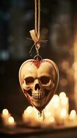 a skull hanging from a rope with candles in the background generative ai photo