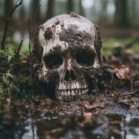 a skull is sitting in a puddle of water in the woods generative ai photo