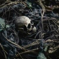 a skull sitting in a nest of twigs and leaves generative ai photo