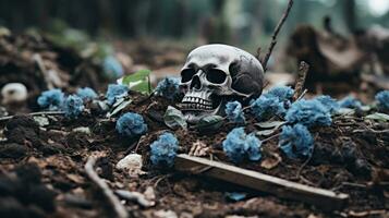 a skull is sitting on the ground surrounded by blue flowers generative ai photo