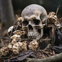 a skull sitting on top of a pile of mushrooms generative ai photo