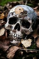 a skull is sitting in a pile of dead leaves generative ai photo