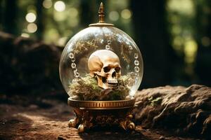 a skull inside a glass dome in the woods generative ai photo