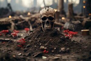 a skull sitting on top of a pile of dirt generative ai photo