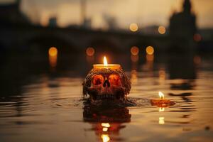 a skull with a candle floating in water with a bridge in the background generative ai photo