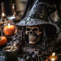 a skull wearing a witch hat sits on a table with candles and pumpkins generative ai photo