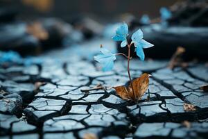 a small blue flower is growing out of cracked earth generative ai photo