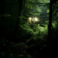 a small cabin in the middle of a forest at night generative ai photo
