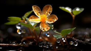 un pequeño flor con agua gotas en eso generativo ai foto