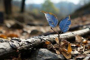 a small blue plant is growing out of a log generative ai photo