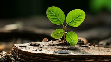 a small green plant is growing out of a stump generative ai photo