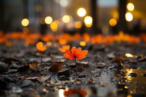 a small orange flower is in the middle of a puddle of water generative ai photo