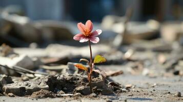 a small pink flower is growing out of a pile of rubble generative ai photo