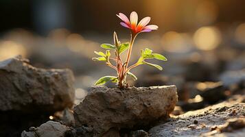 a small pink flower is growing out of a crack in the ground generative ai photo