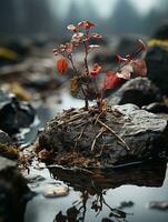 un pequeño planta creciente en un rock en el agua generativo ai foto