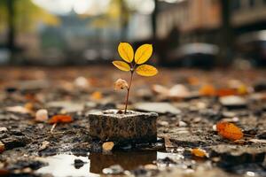 a small plant growing out of a wooden block in the middle of a puddle generative ai photo