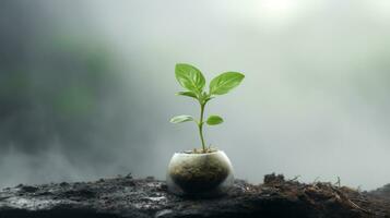 un pequeño planta es creciente en un maceta en parte superior de suciedad generativo ai foto