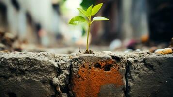 a small plant is growing out of a brick wall generative ai photo