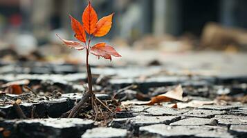 a small red leaf is growing out of a crack in the ground generative ai photo