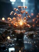 a small tree in a vase on the ground with a lit candle generative ai photo