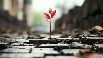 a small red plant is growing out of a brick path generative ai photo