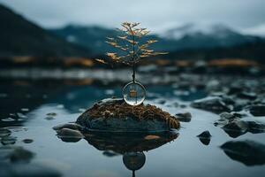 un pequeño árbol es sentado en parte superior de un rock en el medio de un lago generativo ai foto