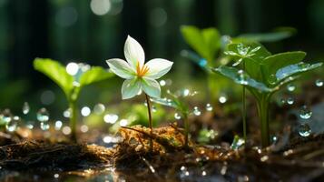 a small white flower is growing out of the ground surrounded by water droplets generative ai photo