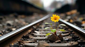 a small yellow flower is growing on the side of a railroad track generative ai photo