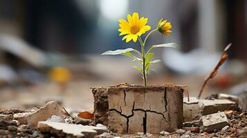 un pequeño amarillo flor es creciente fuera de un agujero en el suelo generativo ai foto