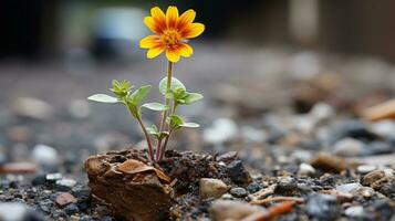 un pequeño amarillo flor es creciente fuera de un agujero en el suelo generativo ai foto