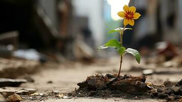 un pequeño amarillo flor es creciente fuera de el suciedad generativo ai foto