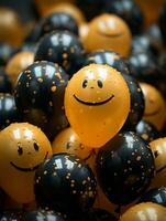 a smiley face balloon is surrounded by black and yellow balloons generative ai photo