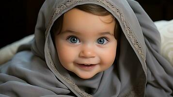 a smiling baby wearing a grey shawl generative ai photo