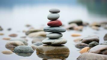 a stack of stones is sitting on top of a body of water generative ai photo