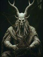 a statue of a demon with horns sitting in the woods generative ai photo