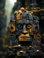 a statue of an ancient Mayan face in the middle of a forest generative ai photo