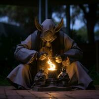 a statue of a man holding a lit candle generative ai photo