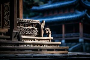 a statue of a man sitting on a bench in front of an asian building generative ai photo