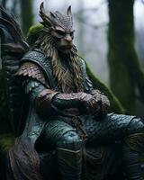 a statue of a dragon sitting on a rock in the woods generative ai photo