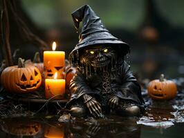 a statue of a witch sitting in a puddle of water with pumpkins and candles generative ai photo