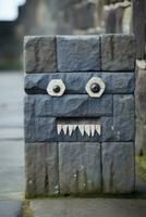 a stone monster with eyes and a mouth on a brick wall generative ai photo