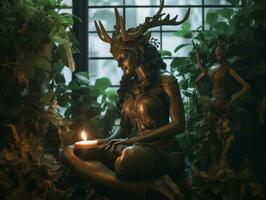 un estatua de un mujer participación un vela en frente de plantas generativo ai foto